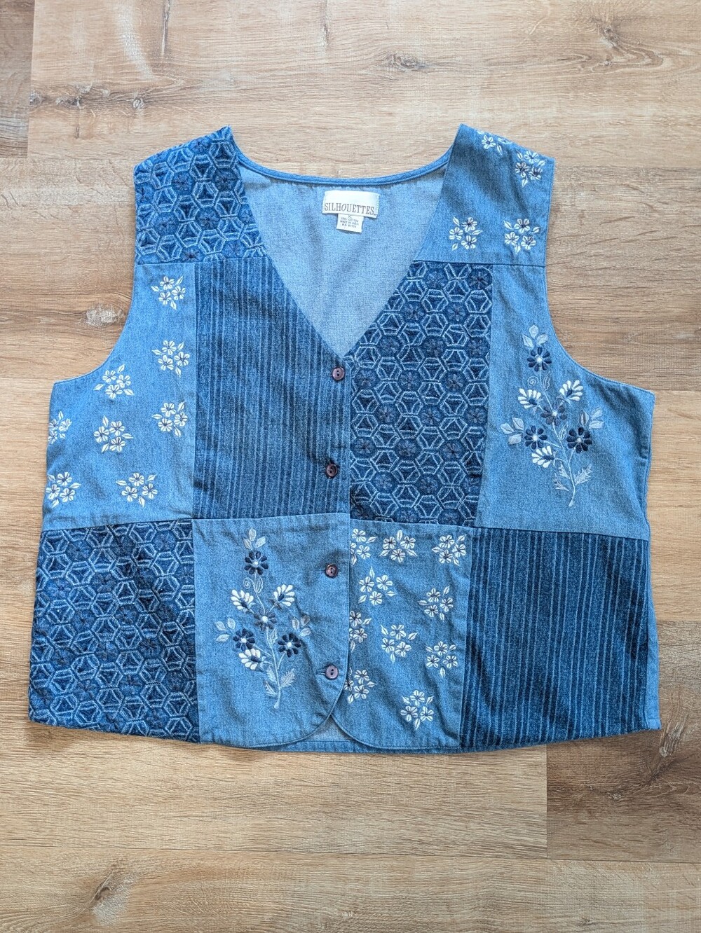 Silhouettes Vintage Floral Embroidered Cotton Denim Vest XL